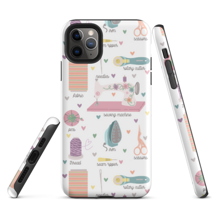 Moxie•Pop's tough case for  iPhone® with a series of hand-drawn sewing tools with their names below design