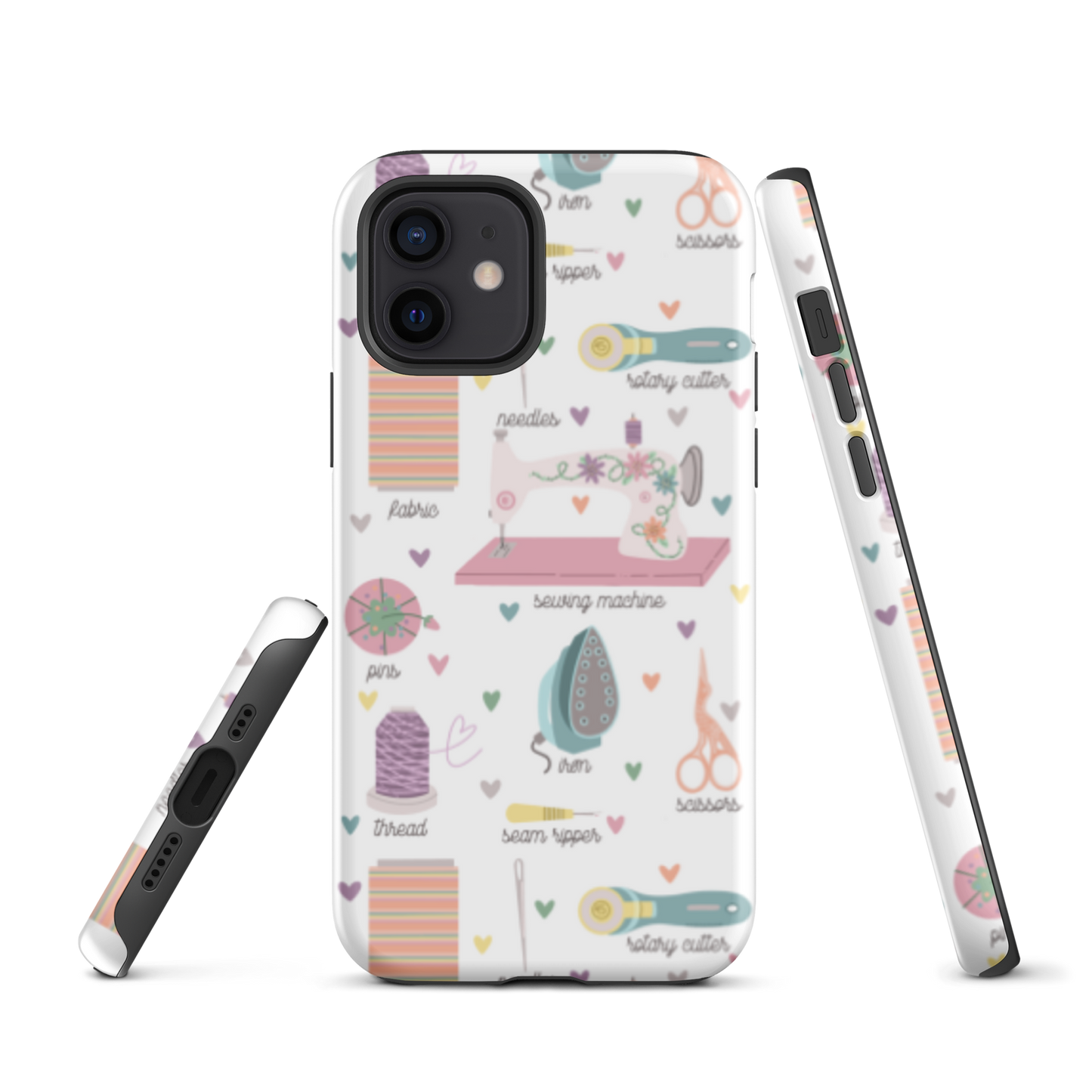 Moxie•Pop's tough case for  iPhone® with a series of hand-drawn sewing tools with their names below design