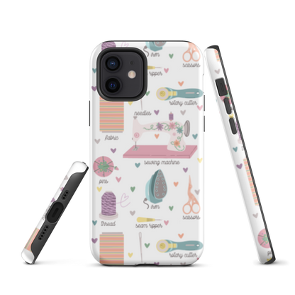 Moxie•Pop's tough case for  iPhone® with a series of hand-drawn sewing tools with their names below design