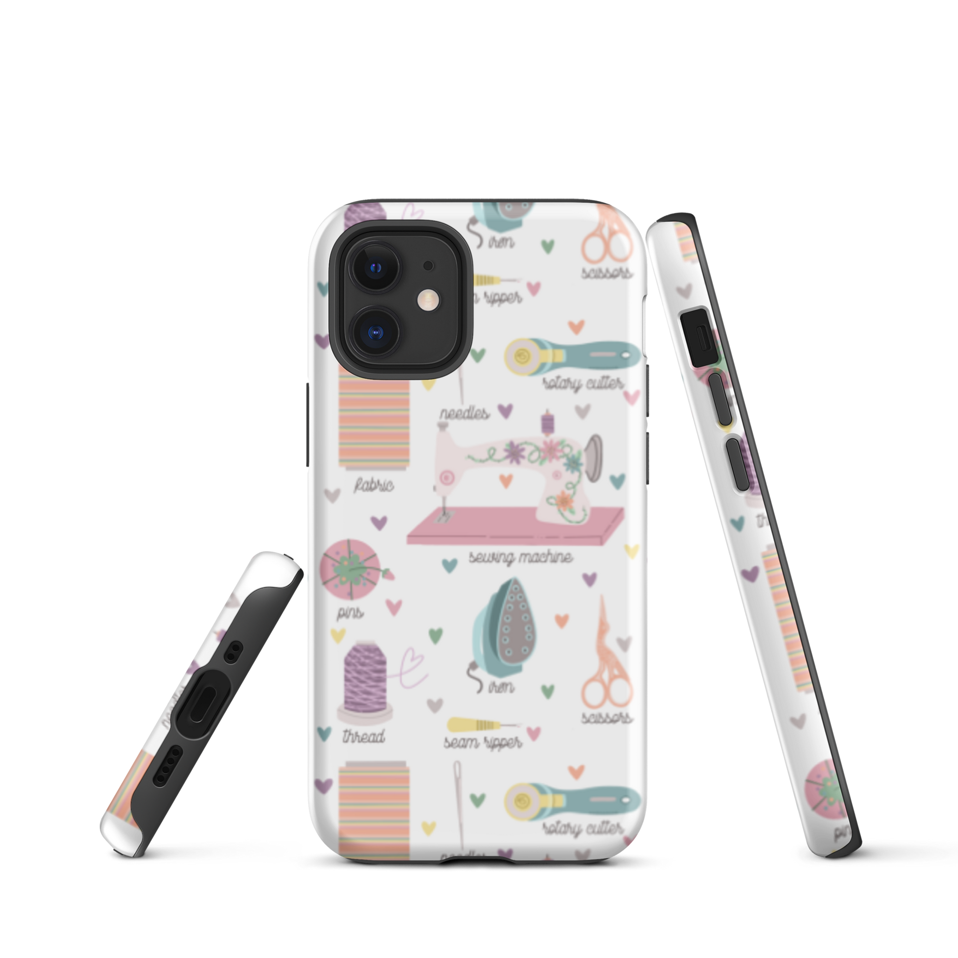 Moxie•Pop's tough case for  iPhone® with a series of hand-drawn sewing tools with their names below design