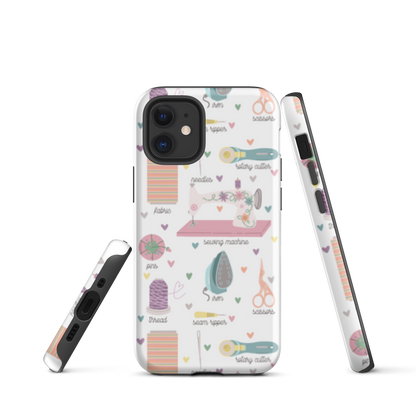 Moxie•Pop's tough case for  iPhone® with a series of hand-drawn sewing tools with their names below design