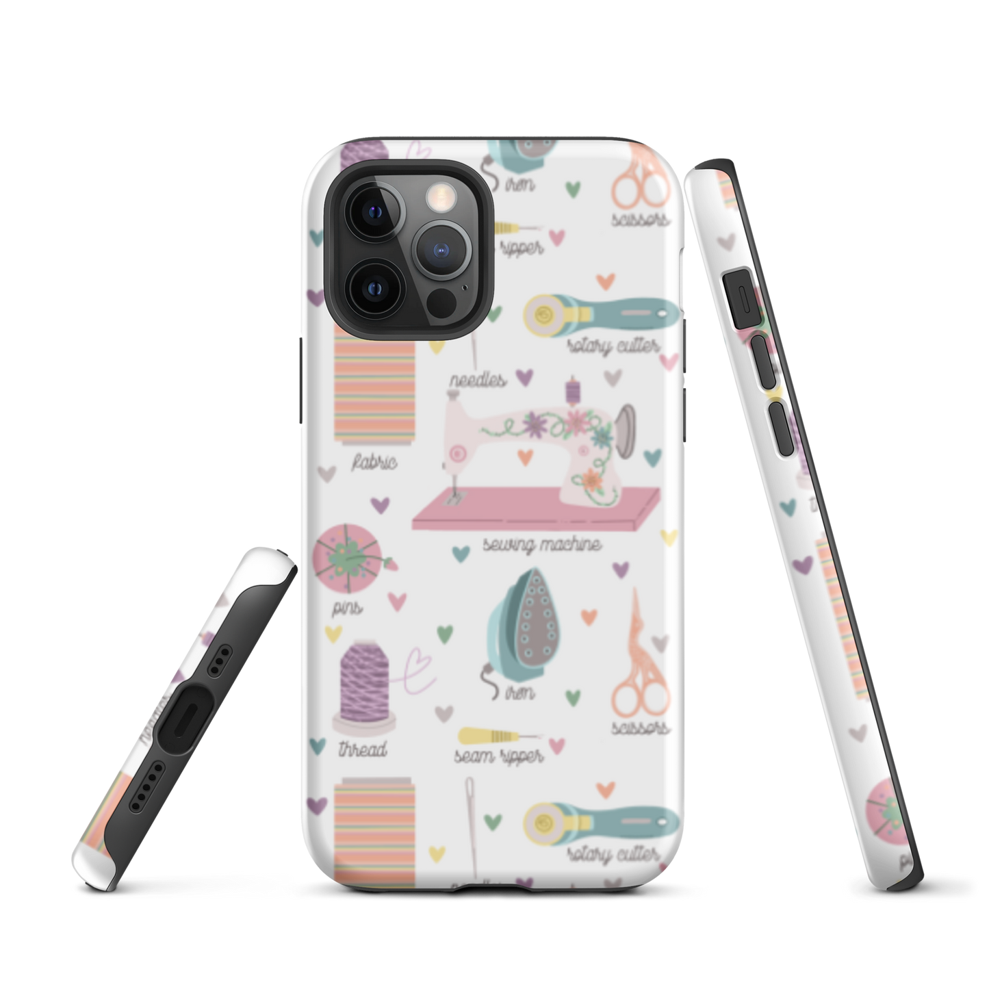 Moxie•Pop's tough case for  iPhone® with a series of hand-drawn sewing tools with their names below design