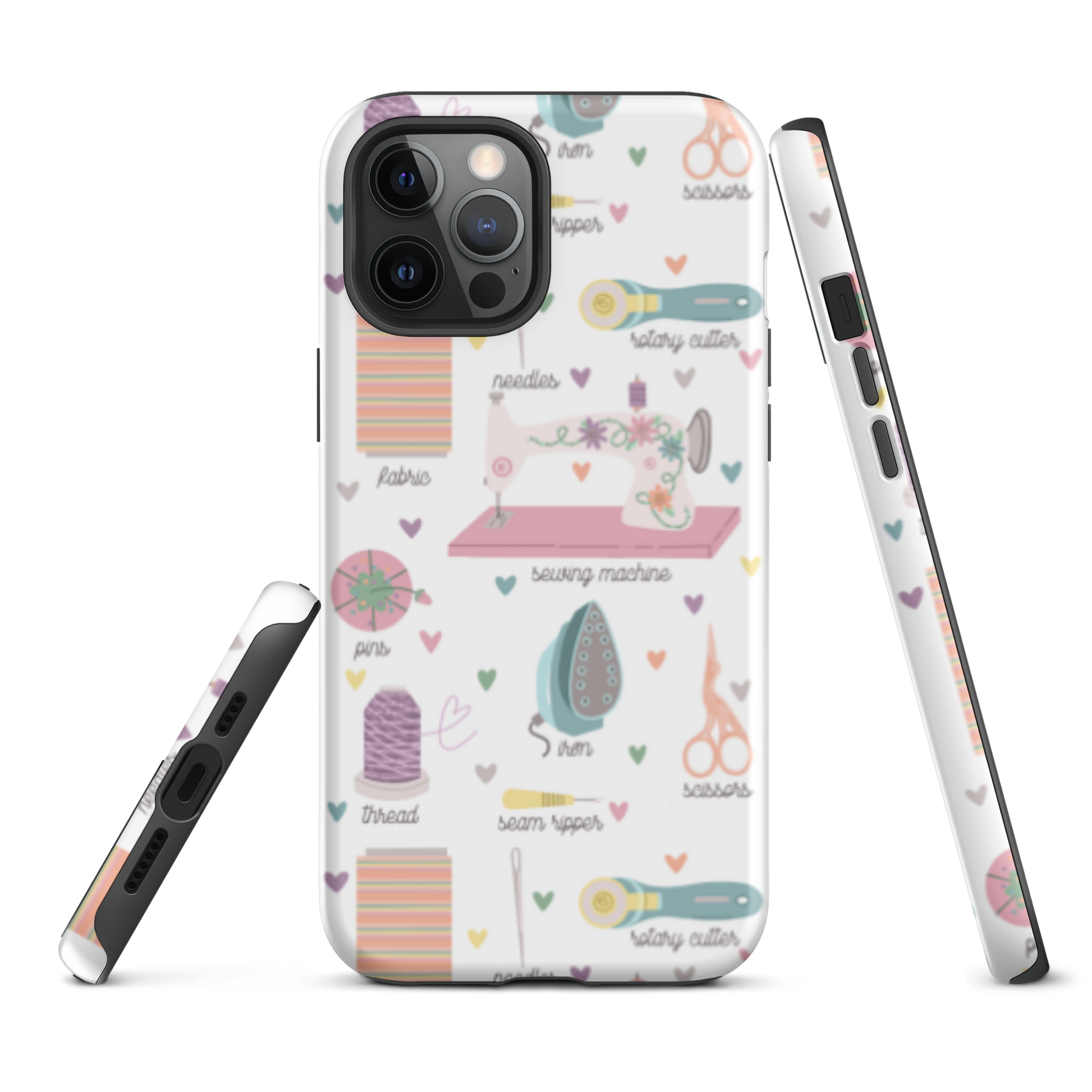 Moxie•Pop's tough case for  iPhone® with a series of hand-drawn sewing tools with their names below design