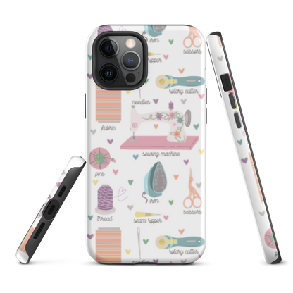 Moxie•Pop's tough case for  iPhone® with a series of hand-drawn sewing tools with their names below design