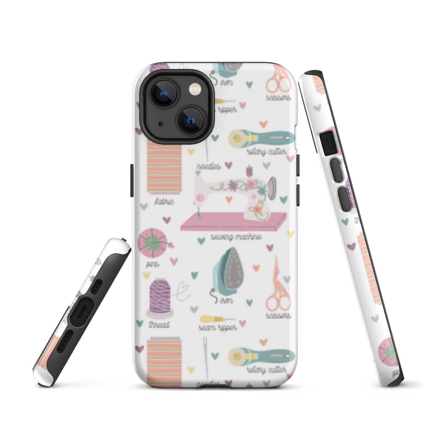 Moxie•Pop's tough case for  iPhone® with a series of hand-drawn sewing tools with their names below design