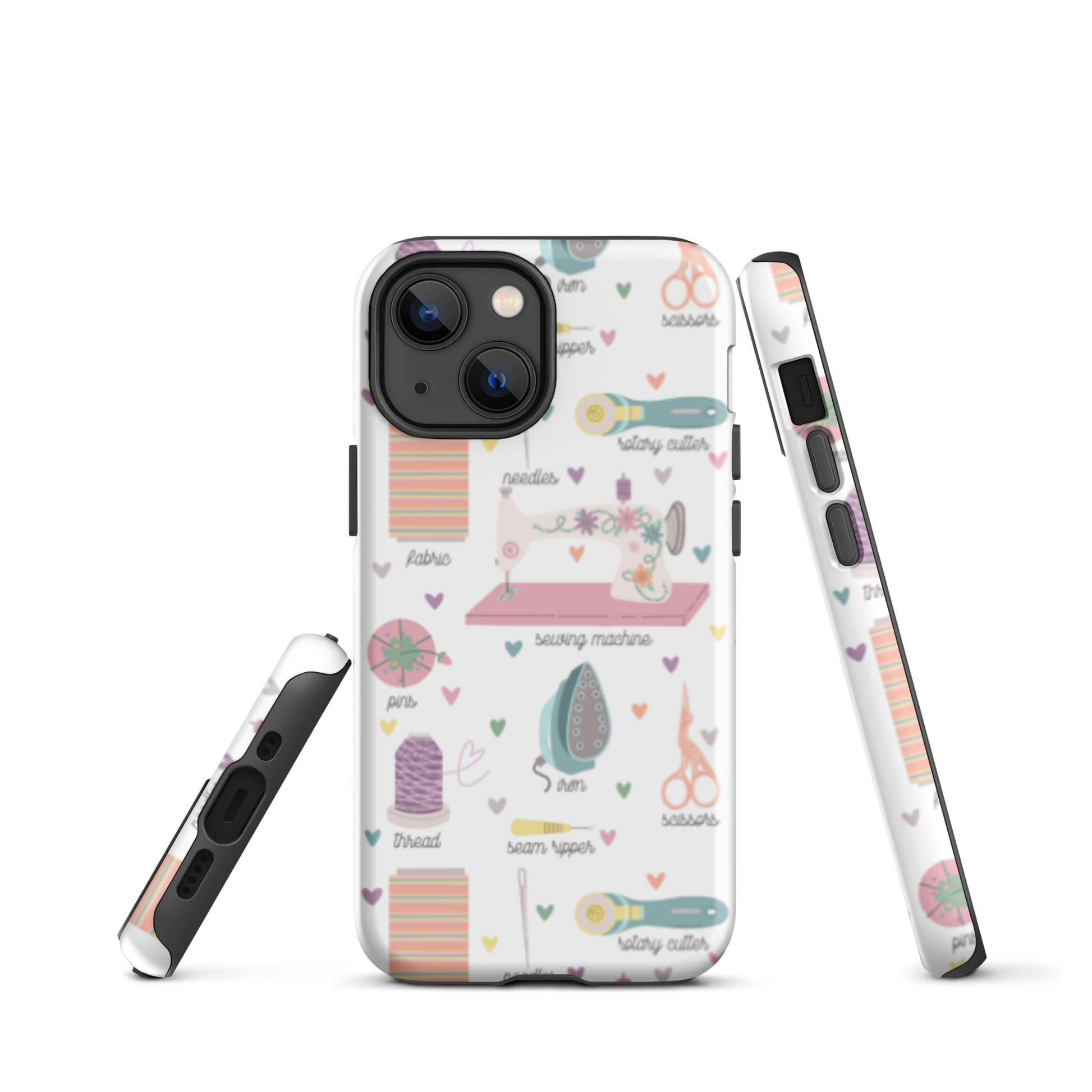 Moxie•Pop's tough case for  iPhone® with a series of hand-drawn sewing tools with their names below design