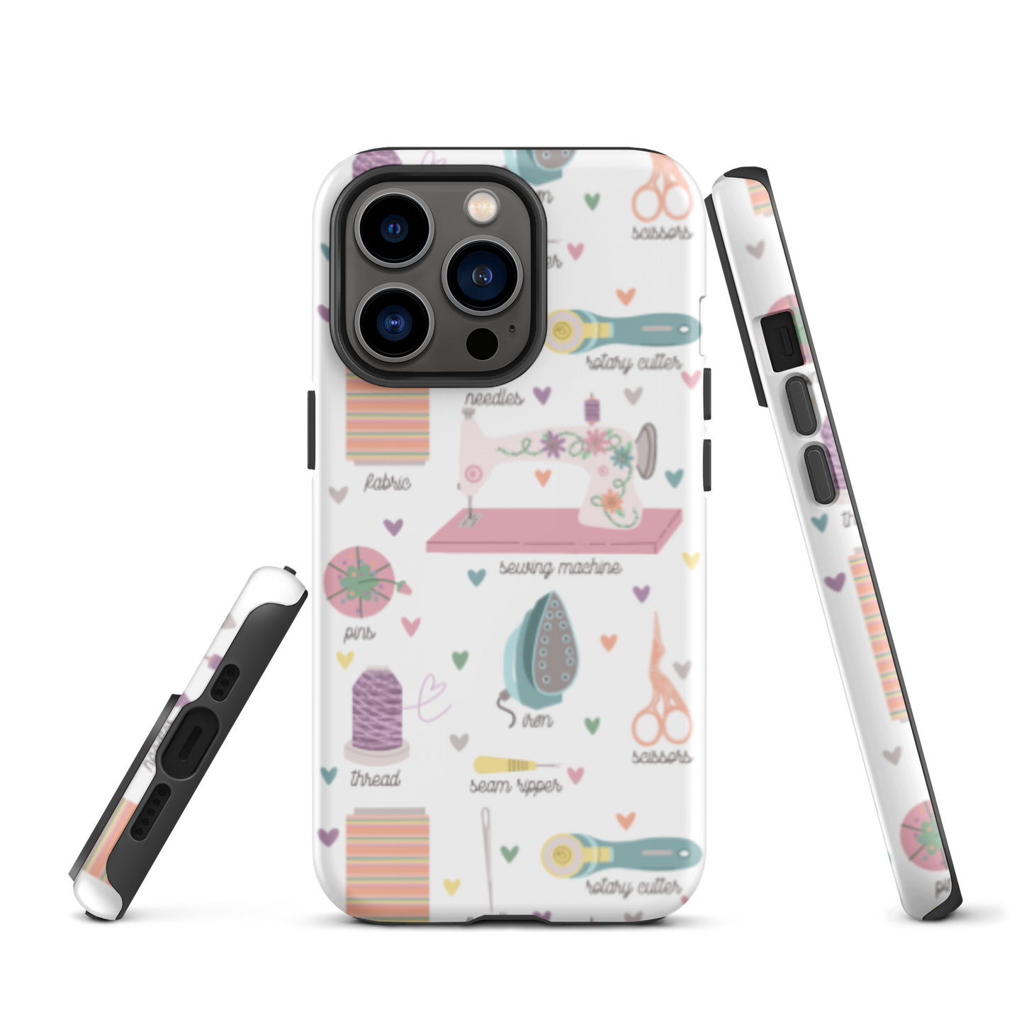 Moxie•Pop's tough case for  iPhone® with a series of hand-drawn sewing tools with their names below design