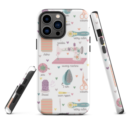 Moxie•Pop's tough case for  iPhone® with a series of hand-drawn sewing tools with their names below design