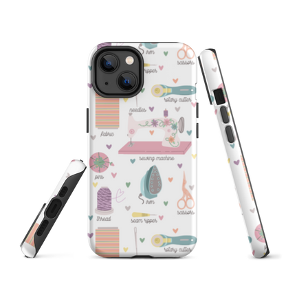 Moxie•Pop's tough case for  iPhone® with a series of hand-drawn sewing tools with their names below design