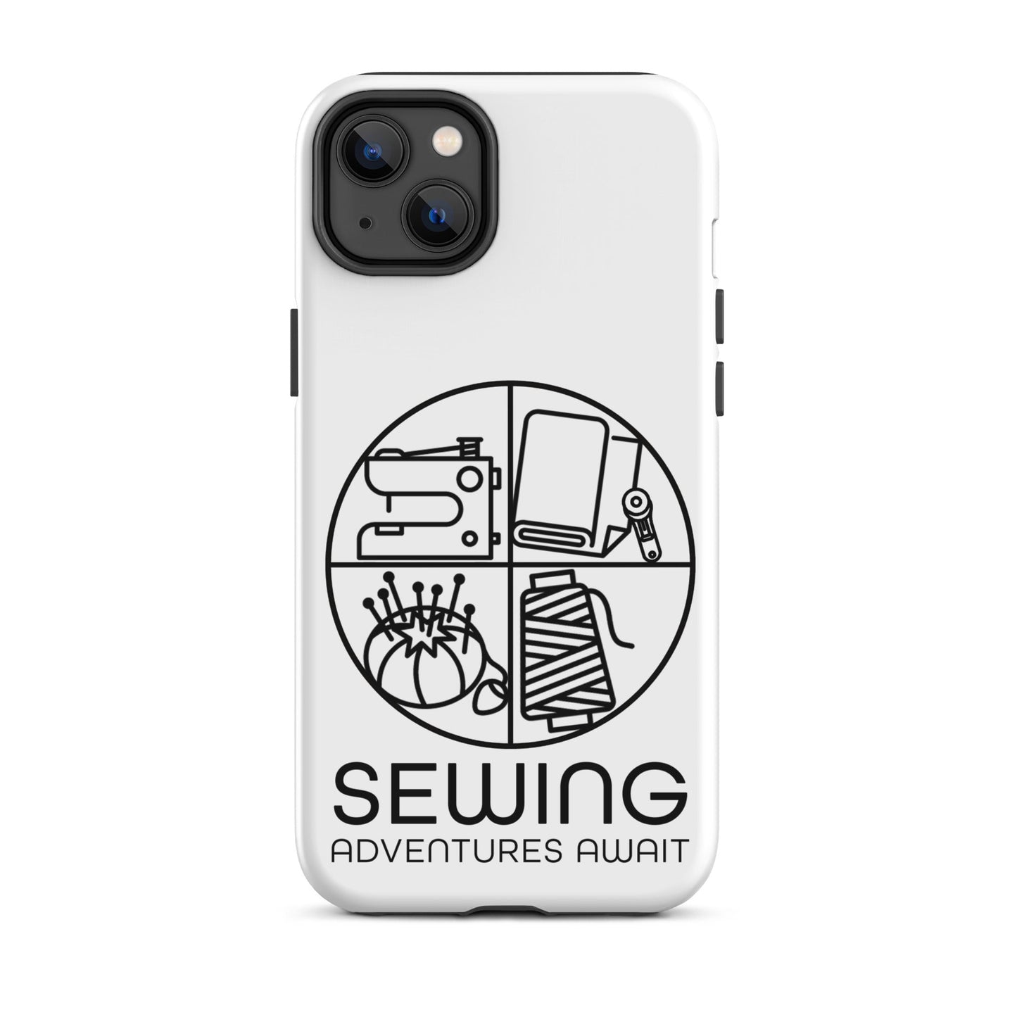 Moxie•Pop's tough case on a iPhone® in white with a black image of a circle in four quadrants each with a sewing tool icon above 'Sewing Adventures Await'. 