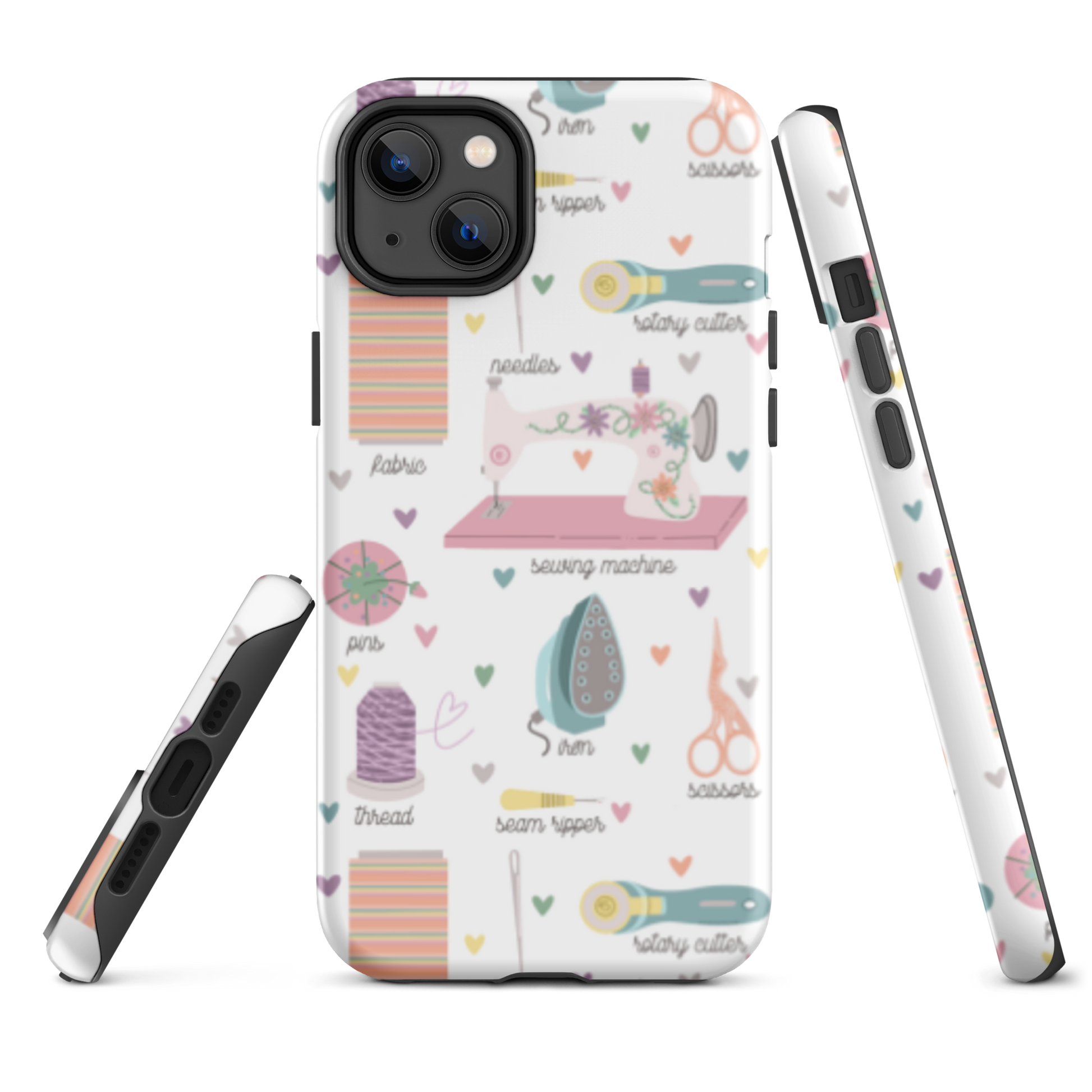 Moxie•Pop's tough case for  iPhone® with a series of hand-drawn sewing tools with their names below design