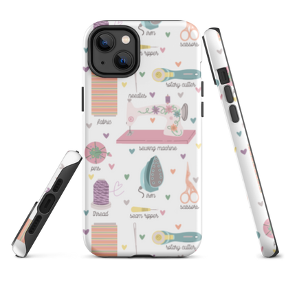 Moxie•Pop's tough case for  iPhone® with a series of hand-drawn sewing tools with their names below design