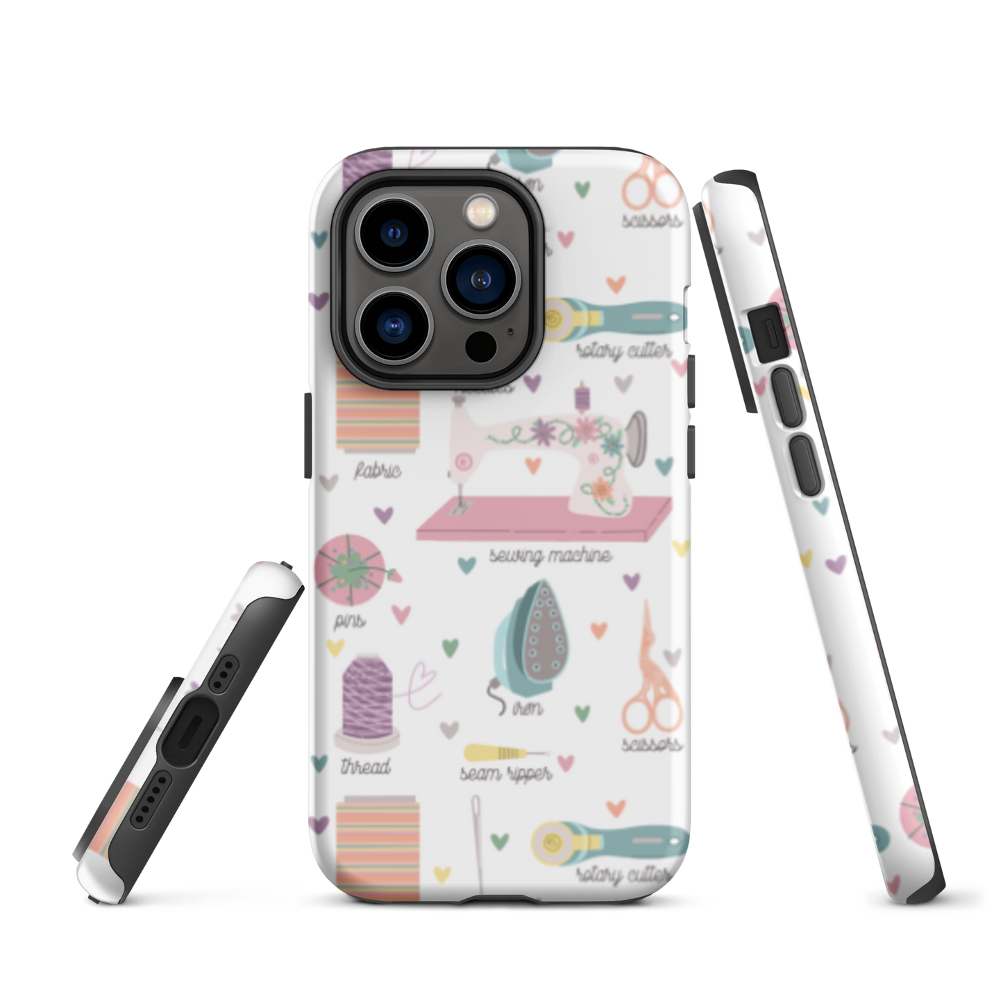 Moxie•Pop's tough case for  iPhone® with a series of hand-drawn sewing tools with their names below design