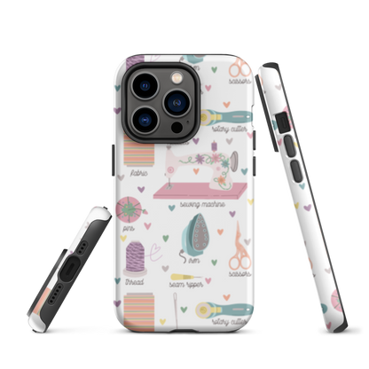 Moxie•Pop's tough case for  iPhone® with a series of hand-drawn sewing tools with their names below design