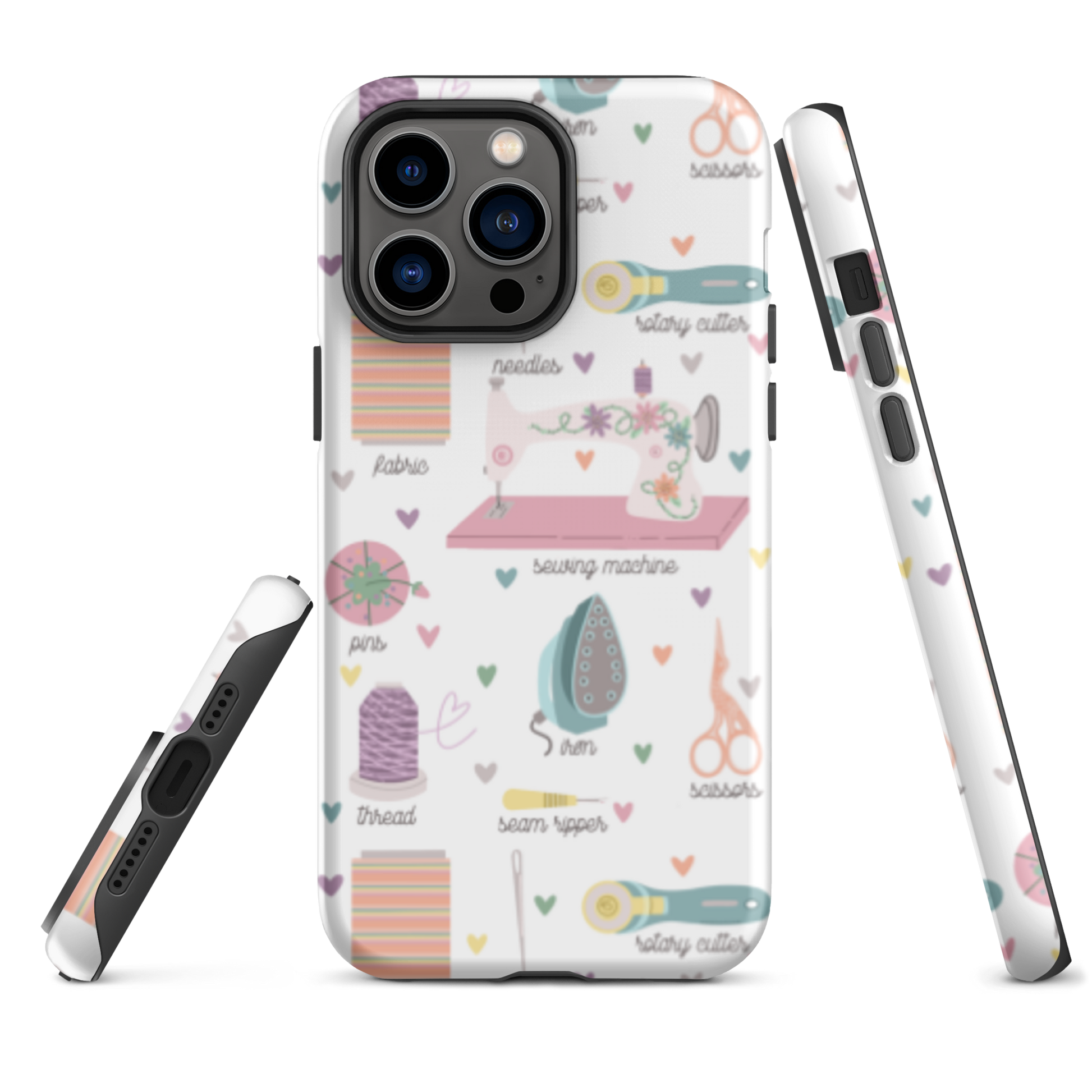 Moxie•Pop's tough case for  iPhone® with a series of hand-drawn sewing tools with their names below design