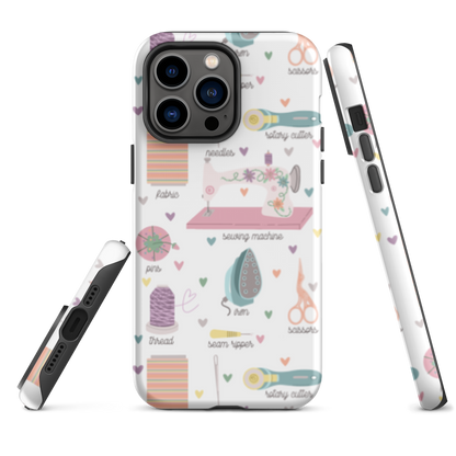 Moxie•Pop's tough case for  iPhone® with a series of hand-drawn sewing tools with their names below design