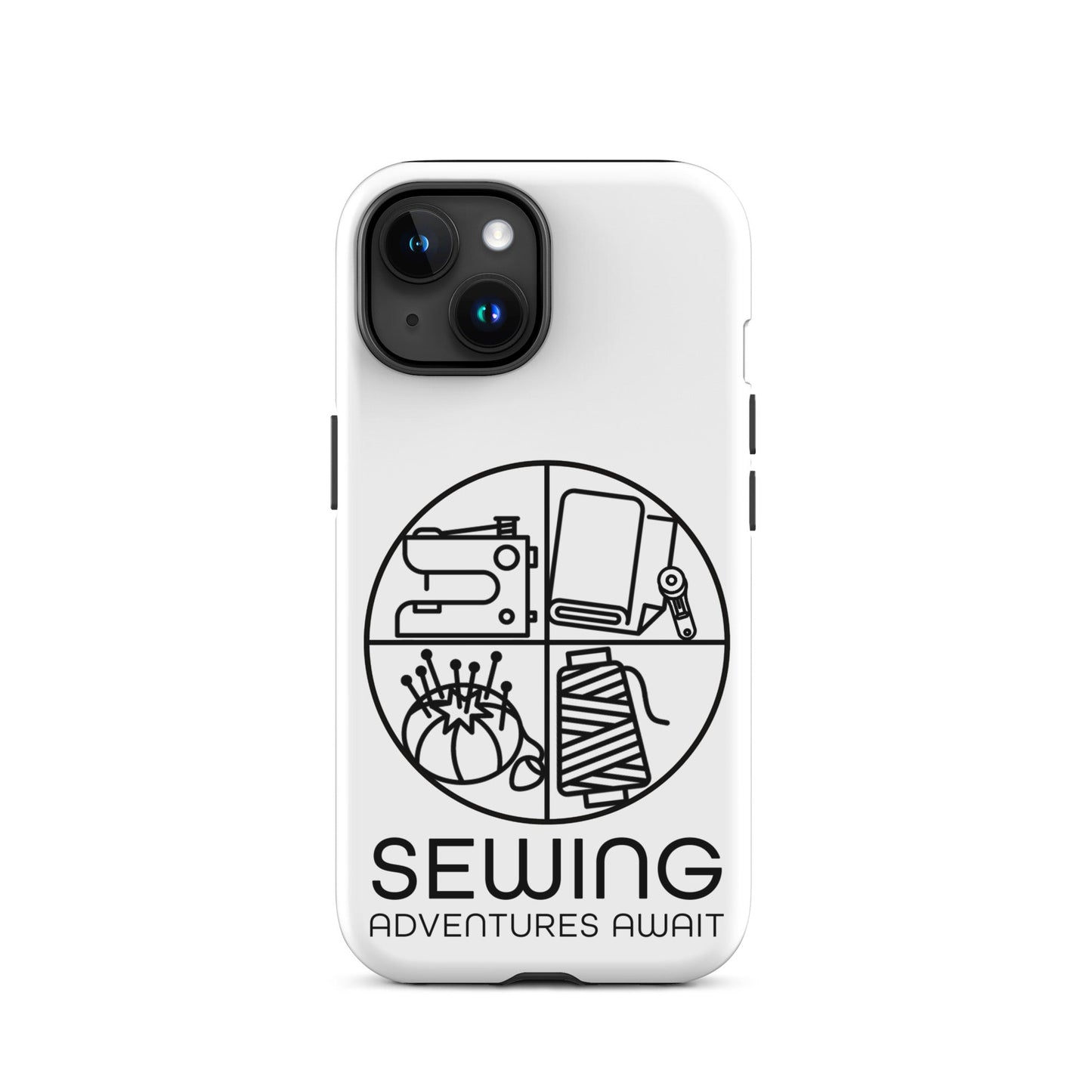 Moxie•Pop's tough case on a iPhone® in white with a black image of a circle in four quadrants each with a sewing tool icon above 'Sewing Adventures Await'. 