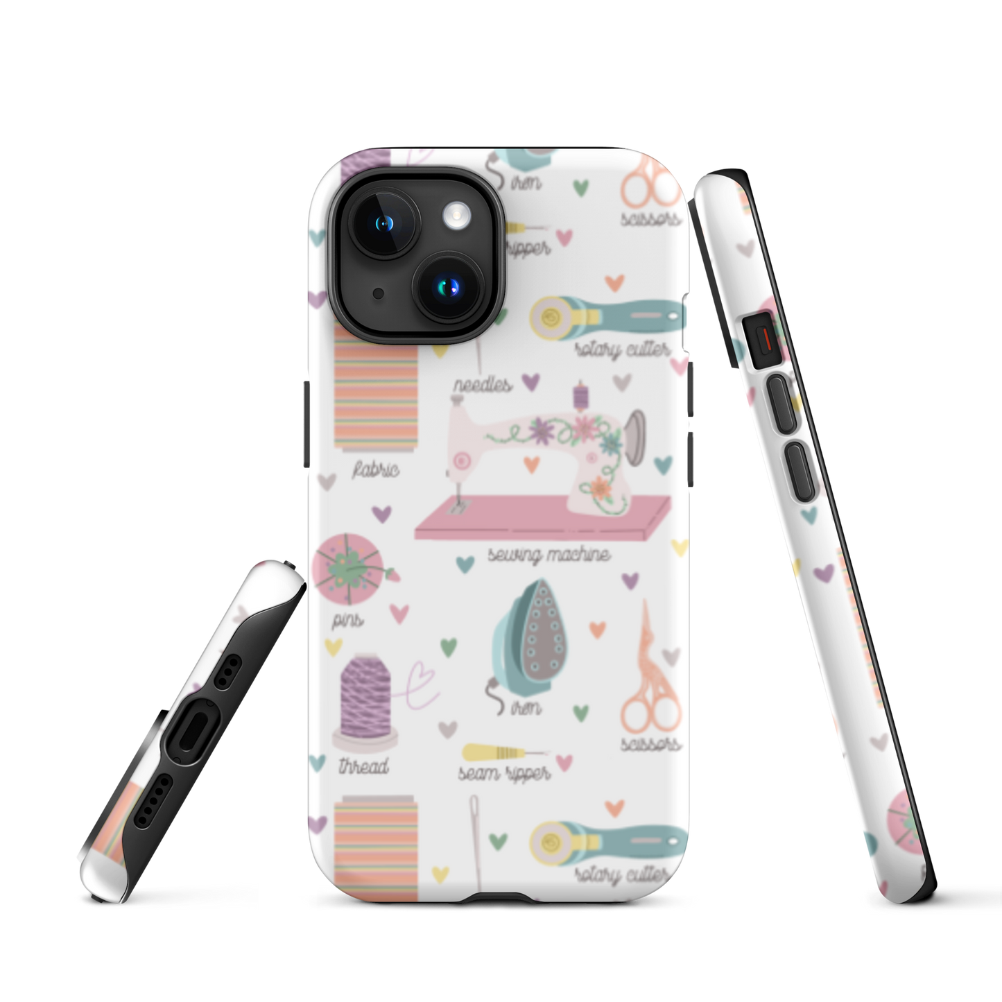 Moxie•Pop's tough case for  iPhone® with a series of hand-drawn sewing tools with their names below design