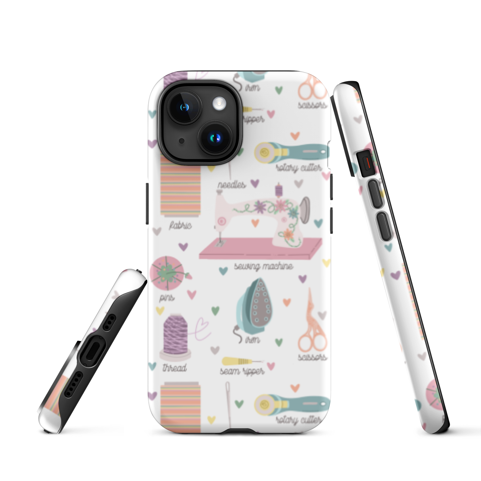 Moxie•Pop's tough case for  iPhone® with a series of hand-drawn sewing tools with their names below design