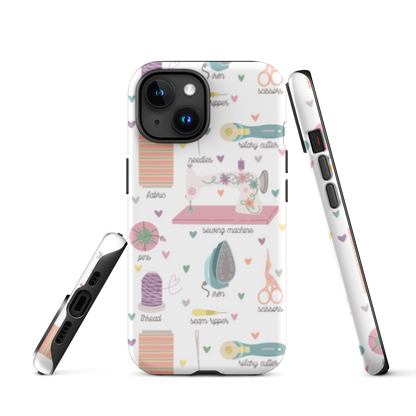 Moxie•Pop's tough case for  iPhone® with a series of hand-drawn sewing tools with their names below design