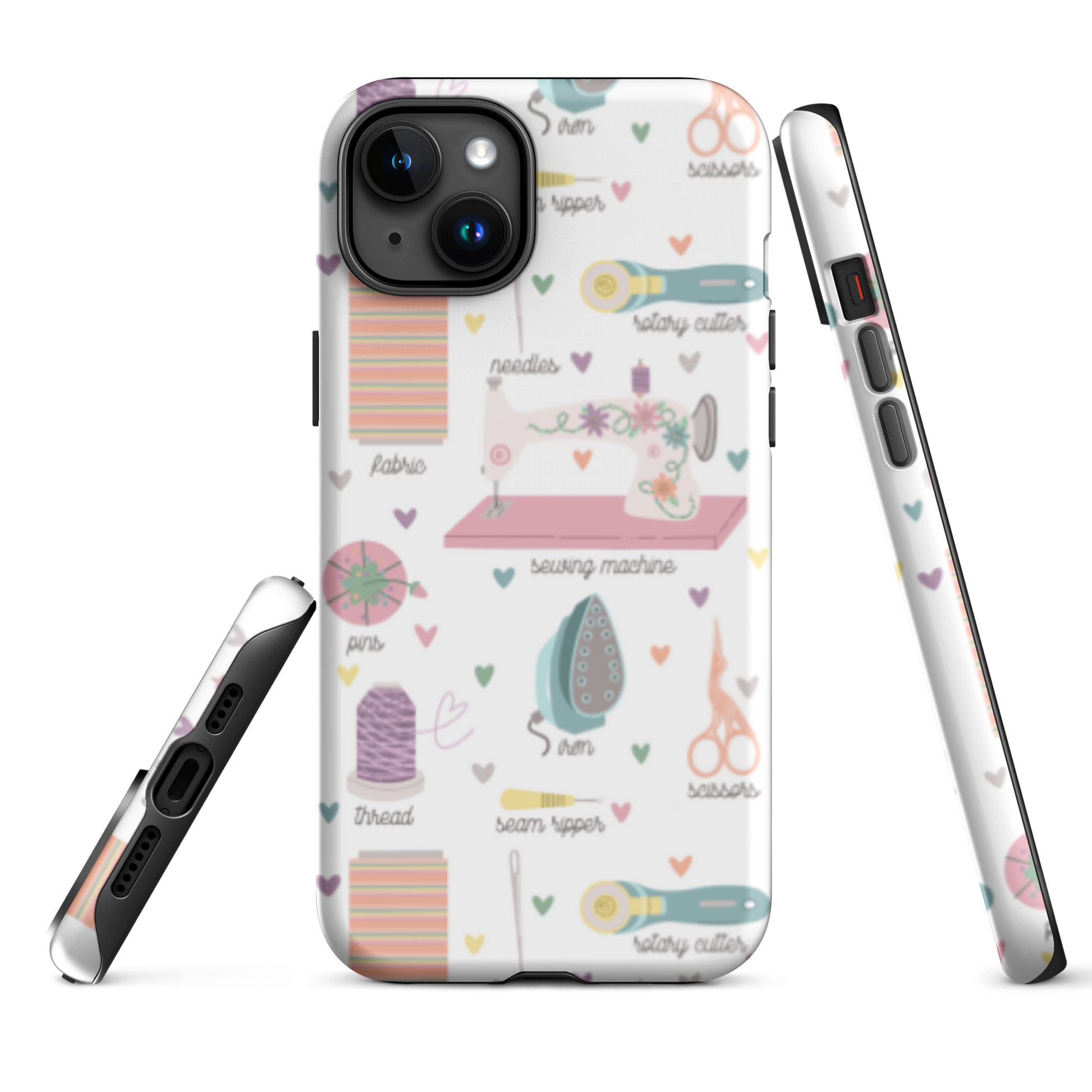 Moxie•Pop's tough case for  iPhone® with a series of hand-drawn sewing tools with their names below design