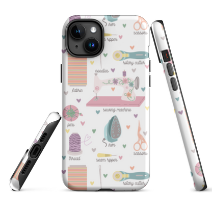 Moxie•Pop's tough case for  iPhone® with a series of hand-drawn sewing tools with their names below design