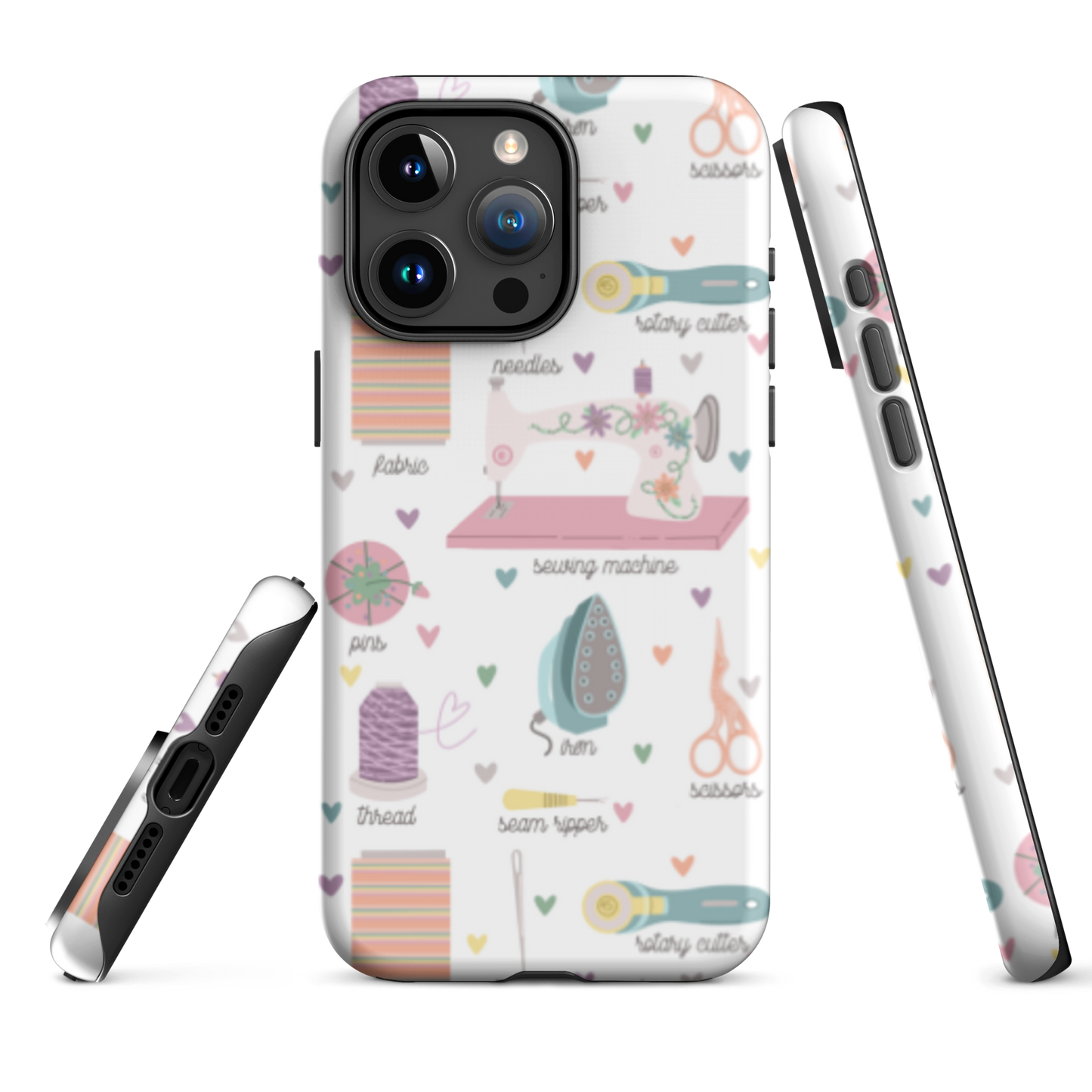 Moxie•Pop's tough case for  iPhone® with a series of hand-drawn sewing tools with their names below design