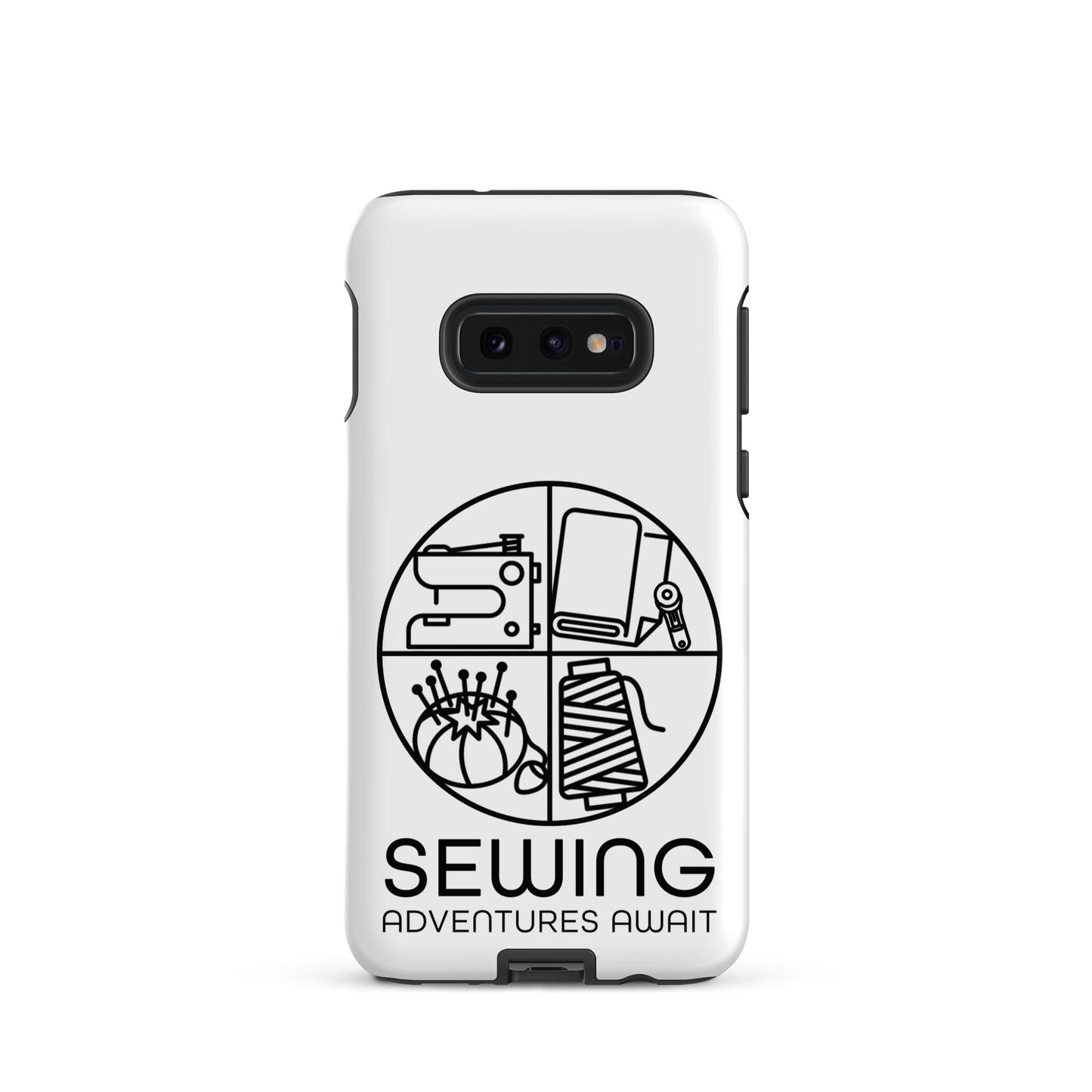 Moxie•Pop's tough case on a Samsung® in white with a black image of a circle in four quadrants each with a sewing tool icon above 'Sewing Adventures Await'. 