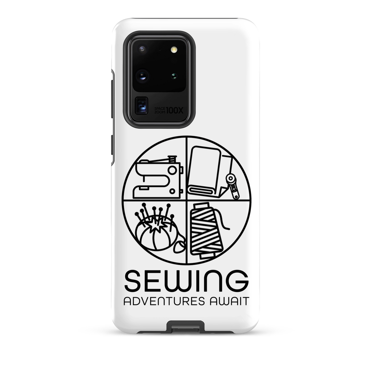 Moxie•Pop's tough case on a Samsung® in white with a black image of a circle in four quadrants each with a sewing tool icon above 'Sewing Adventures Await'. 