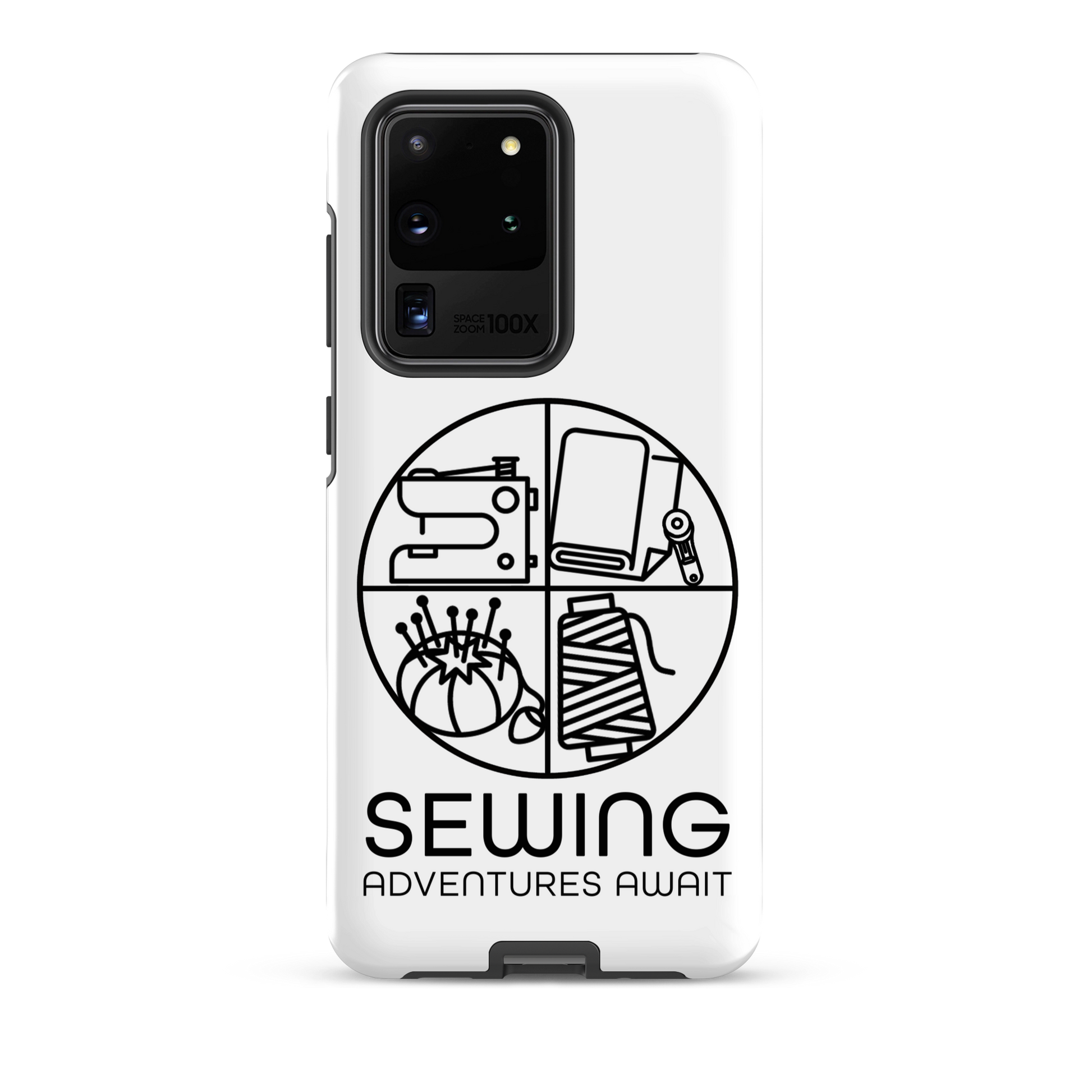 Moxie•Pop's tough case on a Samsung® in white with a black image of a circle in four quadrants each with a sewing tool icon above 'Sewing Adventures Await'. 