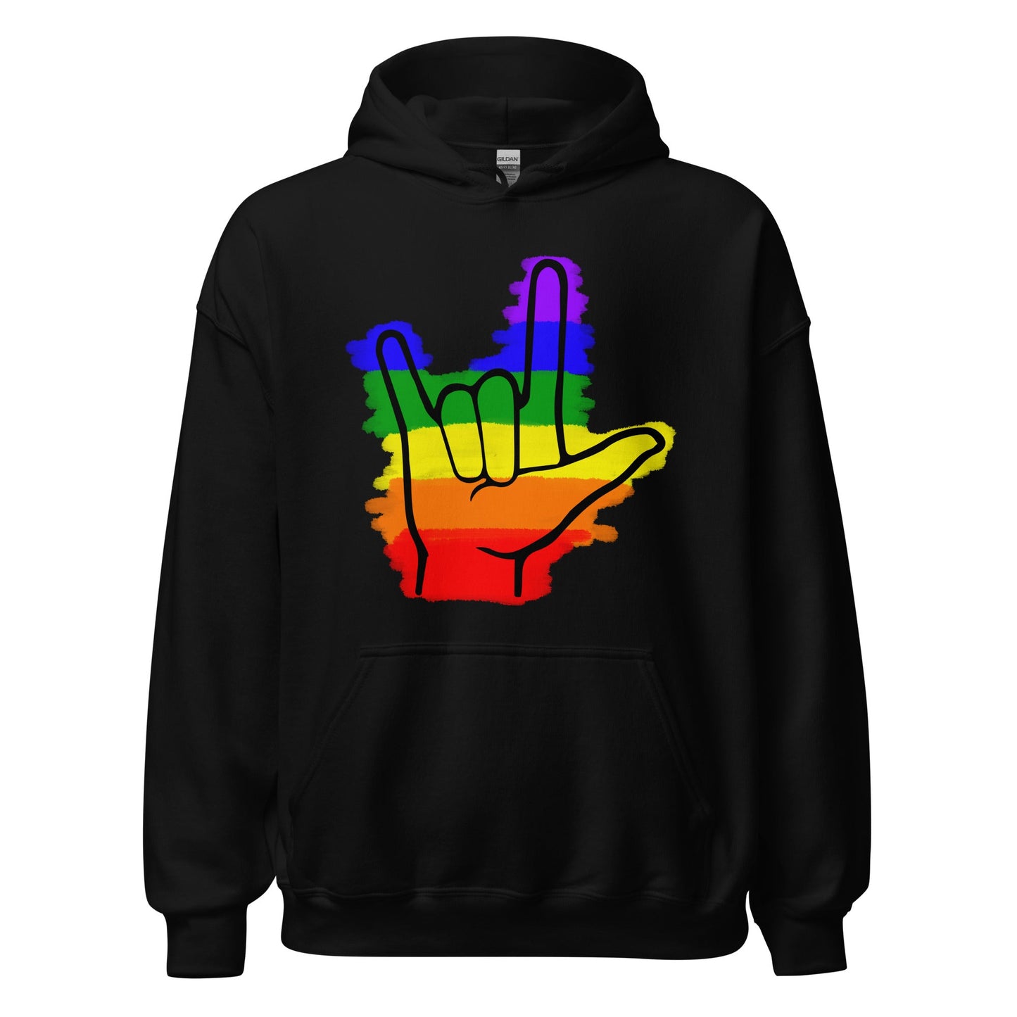 Ghost product image of Moxie•Pop's unisex graphic hoodie with colored rainbow stripes behind a black ASL I love you hand sign icon design in black