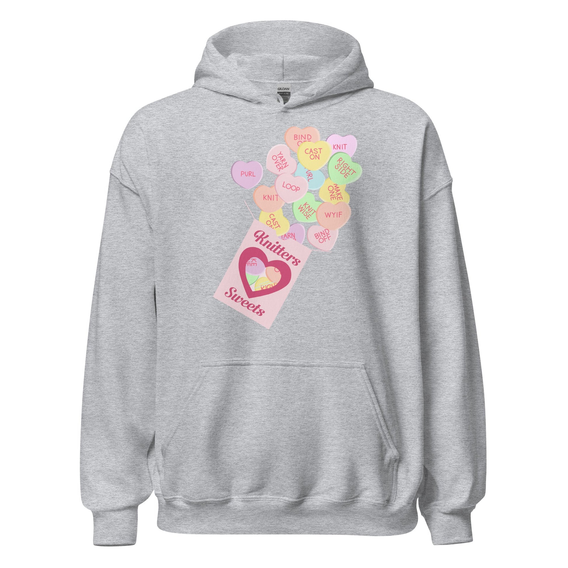 Ghost product image of Moxie•Pop's unisex graphic hoodie with a box of "Knitter Sweets" and Valentine's conversation hearts with knitting terms design in sport grey