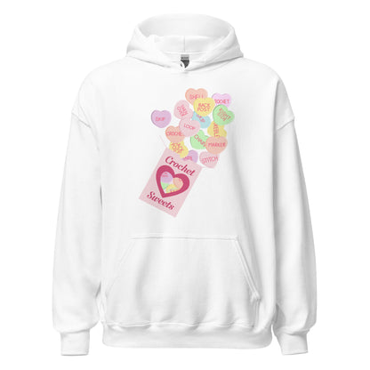 Ghost product image of Moxie•Pop's unisex graphic hoodie with a 'Crochet Sweets' valentine's conversation hearts with crochet terms design in white