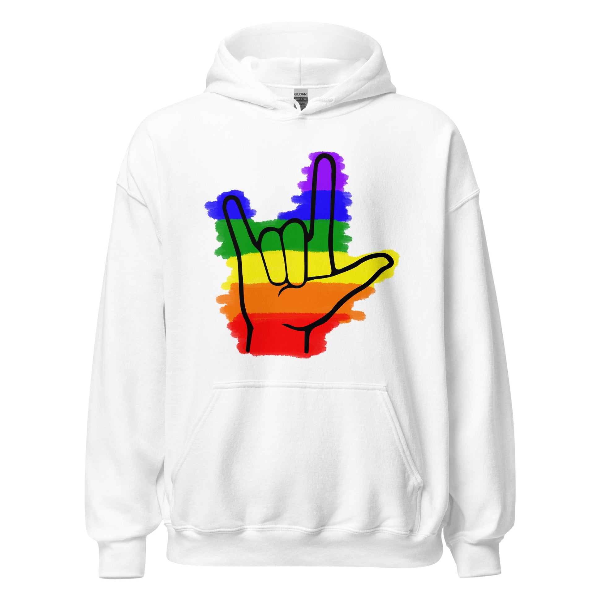 Ghost product image of Moxie•Pop's unisex graphic hoodie with colored rainbow stripes behind a black ASL I love you hand sign icon design in white